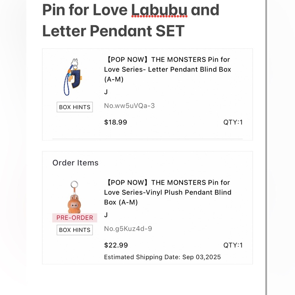 PIN FOR LOVE Letter “J” SET  - New V4 THE MONSTERS LABUBU J SET
